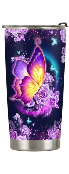 a purple and yellow butterfly sitting on top of a flower covered cup with butterflies flying around it