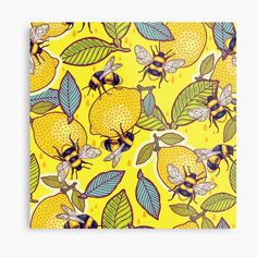 a yellow background with lemons and bees on it, all in different colors art print