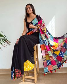 Introducing the अतरंगी Saree 🌈, a vibrant and sustainable piece of clothing that is custom-made for each order, ensuring that every saree is unique. Made from a patchwork of colorful fabric scraps, this saree is a perfect example of zero-waste design. Crafted from 100% cotton, it's comfortable to wear and eco-friendly 🌿. With its unique patchwork design and high-quality construction, this saree is a statement piece supporting sustainable fashion ♻️. Please note that each saree is custom-made, Customized Saree Designs, Cotton Saree Painting Ideas, Bathik Saree Designs, Unique Kurta Designs Women, Patchwork Saree, Applique Saree, Embellished Lehenga, Unique Saree, Kurta Pants