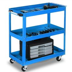 a blue utility cart with tools on it