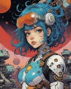 a woman with blue hair and goggles standing in front of a space station, looking at the camera