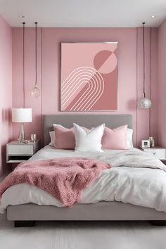 a bedroom with pink walls, white bedding and an art piece on the wall