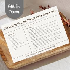 the recipe for chocolate peanut butter bliss brownies on a cutting board with pine cones