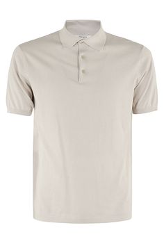 Polo shirt - Kangra - Sand color - Cotton jersey fabric - Polo collar with buttons - Short sleeves with ribbed trim - Regular fit Classic Fitted T-shirt With Button Closure, Classic Fitted T-shirt With Ribbed Collar, Beige Tops With Button Closure And Polo Collar, Beige Collar Top With Placket, Beige Collared Top With Placket, Classic Beige Tops With Placket, Classic Cream Polo Shirt With Collared Neckline, Cream Polo Collar Top With Ribbed Details, Classic Fitted Beige Polo Shirt