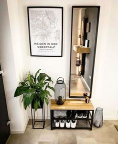 there is a mirror and some shoes on the floor in this room with a potted plant