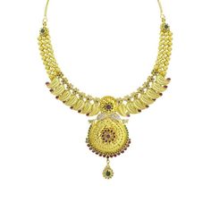 22K Yellow Gold Necklace & Earrings Set W/ CZ, Ruby, Emerald & Mango Leaves on Collar Necklace for women. Accentuate your dressy attire with this regal set embellished in CZ, rubies and emeralds. It features a necklace with three strands of beads and mango leaf details, all connecting to a large round textured pendant. The necklace is 14" long with a width range of 2-18 mm. Its pendant is 50 mm long and 40 mm wide. Each earring is 48 mm long and 26 mm wide. The set weighs a total of 70.1 grams. Mango Leaf, Mango Leaves, Dressy Attire, Yellow Gold Necklace, Gold Bead Necklace, Ruby Emerald, Necklace Earring Set, Collar Necklace, Necklace For Women