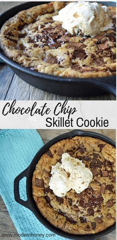 chocolate chip skillet cookie with whipped cream in the middle and on top, before and after baking