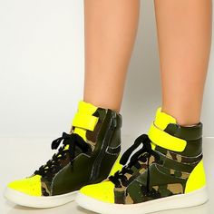 These Pair Of Sneakers Can Dress Up Any Casual Outfit! Featuring; Round Toe, High Top, Lace Up, Velcro Closure, Side Zipper Closure For Easy Wear, Lace Up, Two Tone. Followed By A Cushioned Foot Bed . Green Fall Sneakers For Streetwear, Green Sneakers For Fall Streetwear, Green Fall Streetwear Sneakers, Yellow Sneakers With Round Toe For Fall, Yellow Low-top Sneakers For Fall, Yellow Fall Sneakers With Round Toe, Yellow Low-top Fall Sneakers, Yellow High-top Sneakers For Spring, Trendy Yellow Lace-up High-top Sneakers