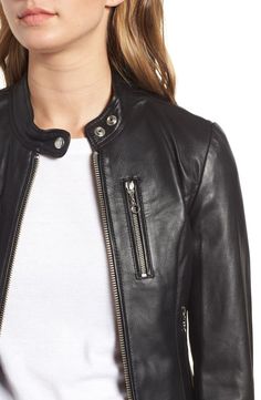 Schott NYC Lambskin Leather Moto Jacket | Nordstrom Moto Style, Collared Coat, Leather Jacket Black, Leather Biker Jacket, Band Collar, Leather Moto, Shine On, Leather Moto Jacket, Moto Jacket