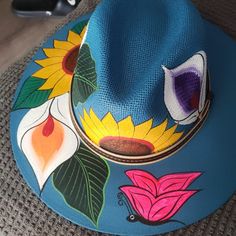 Blue Hand Painted Flower Design New Handmade Blue Summer Hat, Bohemian Blue Hat For Spring, Handmade Blue Hats For Spring, Adjustable Hand Painted Blue Hat, Adjustable Blue Hand Painted Hat, Blue Calla Lily, Slouch Beanie Hats, Xmas Dress, Monogram Hats