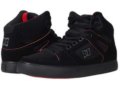 DC Pure High-Top WC - Men's Skate Shoes : Black/Red/White : Bring clean, classic skate style to your everyday with the DC Pure High-Top WC skateboard shoes! Skate shoes in a high-top silhouette. Leather, nubuck, suede, or canvas upper with premium textile quarter. Foam padded tongue and collar for added comfort and support. Mesh lining for breathable wear. Wrap cupsole construction for long-lasting durability. Abrasion-resistant sticky rubber outsole. Outsole features DC's trademarked Pill patte Dc Pure, Shoes Skate, Mens Skate Shoes, Skate Style, Skateboard Shoes, Dc Sneaker, Skate Shoes, Shoes Black, Product Reviews