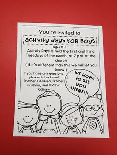 an activity for boys is shown on a red background