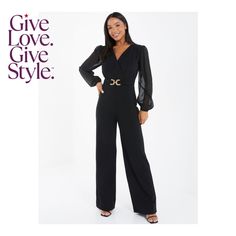 in stock Chic Fitted Jumpsuits With Sheer Sleeves, Chic Fitted Jumpsuits And Rompers With Sheer Sleeves, Elegant Party Jumpsuits And Rompers With Sheer Sleeves, Elegant Party Jumpsuits With Sheer Sleeves, Elegant Jumpsuits And Rompers With Sheer Sleeves For Evening, Elegant Evening Jumpsuits And Rompers With Sheer Sleeves, Elegant Jumpsuit With Sheer Long Sleeves, Elegant Black Jumpsuit For Going Out, Palazzo Jumpsuit