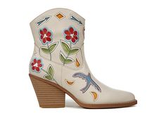 a pair of white boots with flowers and arrows on the side, all in different colors