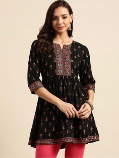 HAND CRAFTED TUNIC DESCRIPTION * Black and bink a-ine kurti * Ethnic motifs printed * Round neck, three-quarter, regular sleeves * Viscose rayon *Fabric:- Rayon *Wash Care:- MACHINE WASH AVAILABLE IN 6 SIZES THEY ARE IN FOLLOWING MEASUREMENTS IN INCHES:- XS:- Bust-34/Waist In-30/Length-32 S:- Bust-36/Waist In-32/Length-32 M:- Bust-38/Waist In-34/Length-32 L:- Bust-40/Waist In-36/Length-32 XL:- Bust-42/Waist In-38/Length-32 XXL:- Bust-44/Waist In-40/Length-32 NOTE ►►CUSTOMISATION We do customisat Traditional Printed Black Tops, Traditional Black Printed Top, Black Block Print Cotton Tops, Traditional Black Tops With Floral Print, Traditional Black Tops For Navratri, Black Top For Navratri, Fitted Black Top For Navratri, Black Bohemian Top For Festive Occasions, Bohemian Black Tops For Festive Occasions