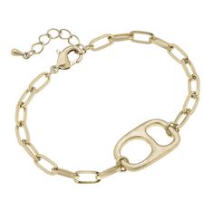 Channel your inner Sarah Cameron with this soda tab bracelet! We are loving how unique this design is, + you can’t forget to pair it with the matching Sarah Cameron Necklace. 7” adjustable chain gold plated Gold Nickel-free Chain Link Bracelet, Casual Gold Metal Chain Bracelet, Casual Gold Jewelry With Adjustable Chain, Casual Jewelry With Adjustable Metal Chain, Casual Metal Jewelry With Adjustable Chain, Casual Jewelry With Adjustable Chain In Metal, Casual Gold Metal Jewelry, Casual Gold Nickel-free Jewelry, Casual Gold Metal Bracelet