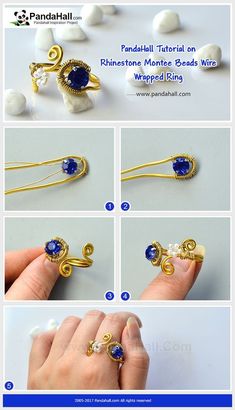 instructions for how to make an elegant gold ring with blue stone and pearl beads on it