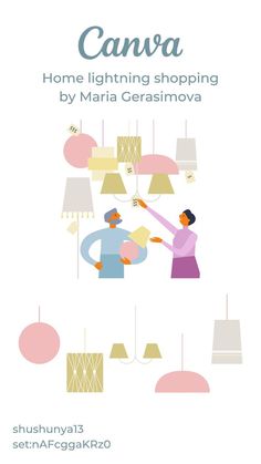 an advertisement for a home lighting shop with two people hanging lamps and the words canva