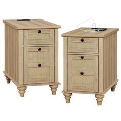 two wooden nightstands with wicker baskets on each drawer and one has a light bulb in the middle