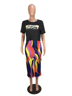 Short Sleeve T-shirt Colorful Striped Long Skirt Set Multicolor All Over Print Short Sleeve T-shirt, Long Skirt Set, Multicolor Printed Stretch T-shirt, Multicolor Stretch Cotton T-shirt, Casual Striped T-shirt With Rainbow Print, Long Sleeve Cotton T-shirt With Horizontal Stripes, 1 Million, Long Skirt, Skirt Set