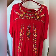 Nwt Embroidered Red Dress Size M Medium Fiesta Vacation Flowers Red Embroidered Long Sleeve Dress, Summer Festive Dress With Embroidered Hem, Red Rayon Summer Dress, Red Floral Embroidered Summer Dress, Casual Red Embroidered Dress, Spring Festive Dress With Embroidered Hem, Red Long Sleeve Folk Embroidered Dress, Red Floral Embroidered Dress For Summer, Red Folk Style Embroidered Long Sleeve Dress