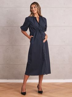 Joanna Navy Maternity Midi Dress > Nursing Friendly Versatile Midi-length Dress For Work, Chic Dresses With Gathered Waist For Work, Chic Workwear Dresses With Gathered Waist, Casual Midi Dress With Fitted Waist For Work, Fitted Midi Dress For Maternity Wear In Spring, Versatile Knee-length Midi Dress For Work, Versatile Knee-length Dress For Work, Chic Spring Maternity Dress Nursing Friendly, Elegant Spring Nursing Friendly Dresses