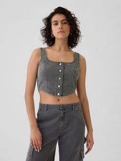 Soft, ultra-cropped twill corset tank top.  Square neck.  Tank straps.  Button front.  Made with 100% regenerative cotton, which is grown using holistic agricultural practices that improve soil health, climate resilience, water retention, and local biodiversity.  * Fit: Classic.  A straight & easy fit.  Ultra-cropped, hits above the waist.  Models wearing Gap Cropped Cotton Crop Top With Button Closure, Cropped Cotton Tops With Button Closure, Fitted Cotton Crop Top With Buttons, Casual Fitted Crop Top With Button Closure, Fitted Casual Crop Top With Button Closure, Fitted Cotton Tank Top With Buttons, Gap Cropped Crop Top For Summer, Gap Crop Top For Summer, Gap Cropped Top For Summer