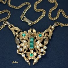 Victorian Revival Pendant Necklace Hammered Ornate Etruscan - Etsy Gold Collar Necklace, Floral Pendant Necklace, Victorian Revival, Floral Pendant, Czech Crystal, Collar Necklace, Victorian Fashion, Crystal Rhinestone, Emerald Green