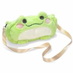 a green stuffed animal purse with a beige ribbon around it's neck and eyes