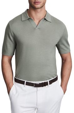 Soft, luxurious wool elevates a timeless polo-sweater topped with a smart Johnny collar. 26 1/2" length (size Medium) Johnny collar Short sleeves 100% wool Hand wash, dry flat Partially lined Imported Classic Fitted V-neck Polo Sweater, Classic Fitted Green Polo Sweater, Fitted Classic Green Polo Sweater, Green Fitted Classic Polo Sweater, Classic Green Johnny Collar Tops, Formal Collared Merino Wool Top, Classic Green Sweater With Ribbed Collar, Formal Merino Wool Collared Tops, Classic Formal Merino Wool Tops