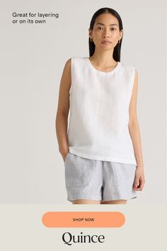 An all-year essential. This linen tank top is made from soft, textured 100% organic linen. It's perfect to layer under a cardigan or does just as well on its own on those warmer days. Especially with the matching linen pants.  | Quince | Women's Tank Top in White, Size Small, Linen Linen Tank Top, Linen Tank, European Linens, Organic Linens, Linen Pants, Quince, Tank Tops Women, Tank Top, Tank Tops