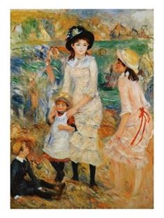 a painting of three women and two children on the beach