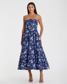 Strapless Brocade Midi Dress Strapless Floral Print Dress With Fitted Bodice, Strapless Dresses With Floral Print And Fitted Bodice, Spring Wedding Guest Strapless Midi Dress, Evening Strapless Dress With Sweetheart Neckline And Floral Print, Blue Floral Print Midi Dress With Straight Neckline, Elegant Strapless Dress With Floral Print And Sweetheart Neckline, Blue Strapless Dress With Floral Print, Elegant Strapless Dress With Sweetheart Neckline And Floral Print, Evening Midi Dress With Floral Print And Straight Neckline