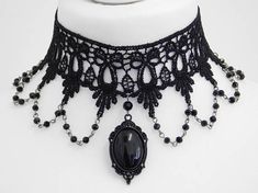 Burlesque Gothic Victorian Beaded Black Lace Gunmetal Gothic Black Necklace With Black Beads, Black Adjustable Gothic Necklace, Adjustable Black Gothic Necklace, Gothic Black Beaded Necklace, Black Gothic Choker Necklace, Black Beaded Choker For Jewelry Making, Gothic Black Round Bead Jewelry, Gothic Black Necklaces With Round Beads, Handmade Black Gothic Choker