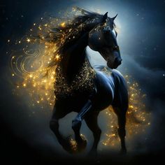 a black horse is running through the night sky with golden lights on its back legs