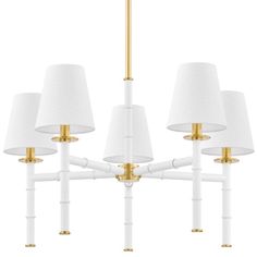 four white and gold chandelier with five lamps on each one light is attached to the