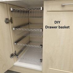 an open cabinet with shelves and wire baskets in the bottom section, labeled diy drawer basket