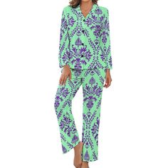 Production Process: Sublimation Material Description: 92% Polyester+8% Spandex Product Performance: This Women Night Wear Suit is the perfect choice for those who appreciate quality, comfort, and style in their sleepwear. The Women Night Wear Suit is a cozy and stylish choice for any woman. This Women Night Wear Suit offers a lightweight feel that is perfect for a restful sleep. The Women Night Wear Suit consists of a comfortable V-neck long-sleeve top and pants with pockets, both designed with Spring Fitted Loungewear, Stretch Long Sleeve Sleep Sets, Green Printed Sleepwear For Sleepover, Green Stretch Sleepwear For Loungewear, Green Long Sleeve Sleepwear For Relaxation, Green Relaxation Sleepwear For Spring, Fitted Long Sleeve Sets For Night, Green Relaxed Fit Sleepwear For Relaxation, Green Relaxed Fit Sleepwear