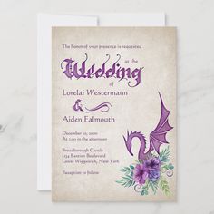 a wedding card with an image of a dragon and flowers on the front, in purple