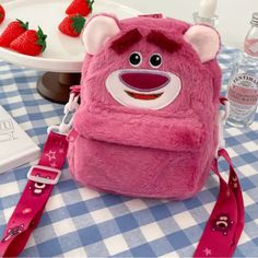 Lotso Strawberry Bear Kids Crossbody Bag Pink Chest Bag With Mobile Phone Bag For School, Pink Chest Bag With Mobile Phone Pocket For School, Playful School Shoulder Bag With Phone Pocket, Pink Cartoon Bag For Everyday Use, Casual School Bag With Bear Design, Trendy Pink Chest Bag For School, Casual Pink Bag With Animal Design, Playful Pink Bag For Daycare, Cartoon Backpack For Playtime