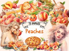 there are many peaches and pies on the table with two women sitting next to them