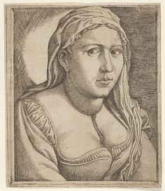 an old drawing of a woman wearing a headdress and holding a book in her hand