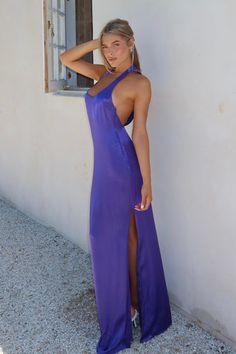 Jacquelyn Racerback Maxi Dress - Deep Purple - MESHKI U.S Sleek Backless Dress With Keyhole Back, Chic Summer Slip Dress With Sheer Back, Sleek Spring Maxi Dress With Halter Neck, Sleek Summer Backless Dress With Tie Back, Sleeveless Slip Dress With Sheer Back, Chic Scoop Neck Maxi Dress For Evening, Summer Sleeveless Slip Dress With Sheer Back, Chic Racerback Dresses For Spring, Chic Spring Racerback Dresses