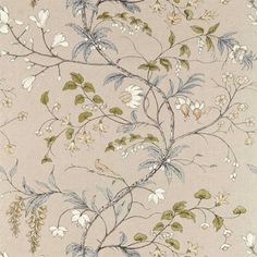 a floral wallpaper with white flowers and green leaves on a light gray background,