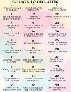 the 30 days to declutter printable is shown in pink, yellow and blue