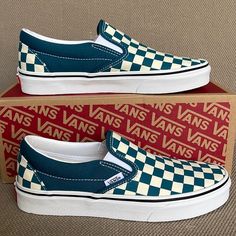 New In The Box Authentic Women’s Vans Classic Slip-On Checkerboard Blue Coral / True White Sneakers Vans Teal Checkered, Black Slip On Vans, Van Shoes, Clothing Aesthetics, Yellow Vans, Disney Vans, Vans Outfit, Blue Vans, Shoes Vans