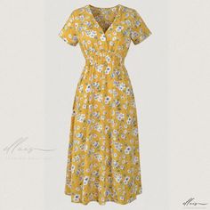 Elluis - Chic Short Sleeve Beach Dress with Printed Collar and Chiffon Fabric Basic Skirt, Chiffon Fabric, Beach Dress, Yellow Floral, Deep V Neck, High Waist, Chiffon, Short Sleeves, V Neck