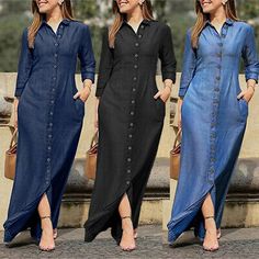 Trendy Fashion Plus Size Ladies Kaftan Womens Casual Blouson Long Sleeve Maxi Denim Shirt Dress, Dresses Long Denim Dress, Long Sleeve Denim Dress, Button Maxi Dress, Denim Outfits, Midi Dress Plus Size, Denim Maxi Dress, Long Denim Skirt, Denim On Denim, Casual Chique