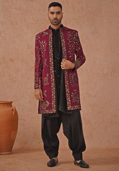 Wine Indo Western Sherwani Set With Dupatta Kalpraag - Fabilicious Fashion Semi-stitched Silk Sherwani For Designer Wear, Silk Sherwani With Embroidery For Reception, Designer Semi-stitched Silk Sherwani, Designer Silk Sherwani With Traditional Drape, Traditional Drape Bandhgala With Intricate Embroidery For Reception, Embroidered Silk Bandhgala For Reception, Designer Silk Bandhgala With Resham Embroidery, Silk Bandhgala With Resham Embroidery For Designer Wear, Transitional Silk Sherwani With Dabka Work