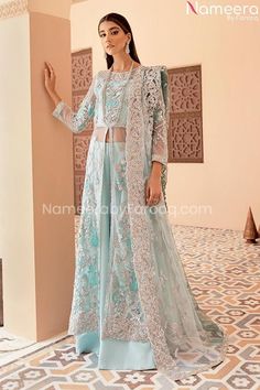 Formal Pakistani Dress Long Dress Pakistani, Maxi Pakistani, Pakistani Lehenga, Dress Pakistani, Anarkali Lehenga, Asian Designers, Raw Silk Fabric, Sky Blue Color, Chiffon Collection